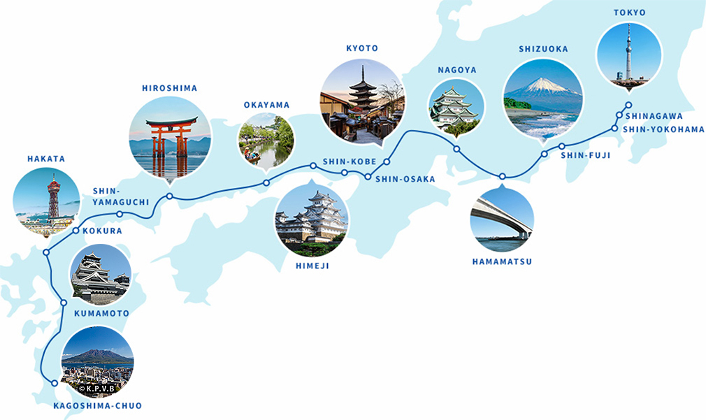 A map showing the major stops along the Tokaido-Sanyo-Kyushu Shinkansen lines. These stops include all the major cities from Tokyo to Osaka to Kagoshima.